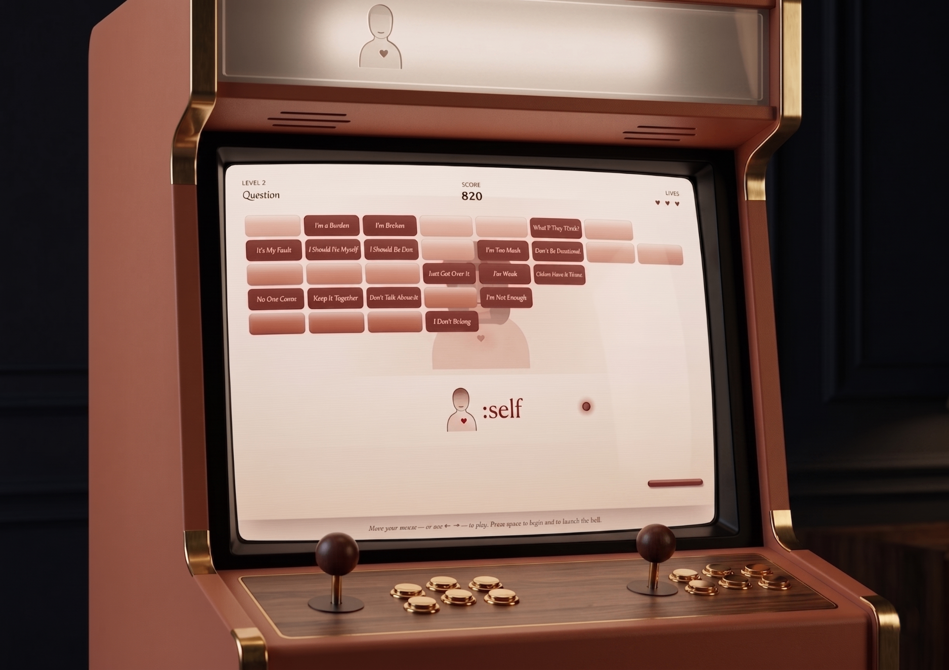 Custom arcade cabinet rendering — coral and brass