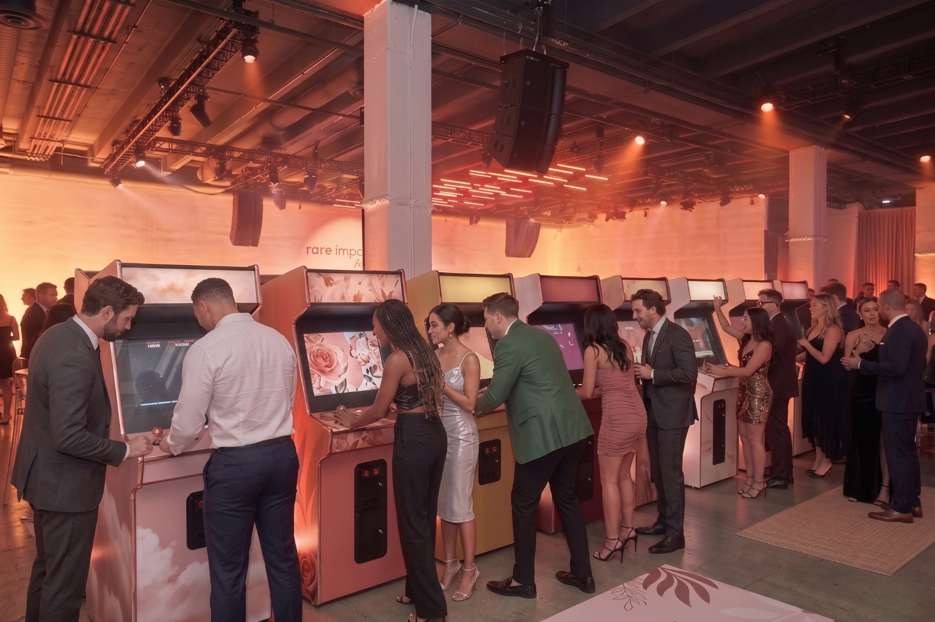 Gala guests playing custom Rare Impact Fund arcade cabinets